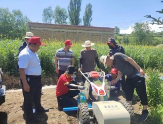 康樂(lè)開展電動(dòng)牽引平臺(tái)水果玉米鋪膜、點(diǎn)播試驗(yàn)